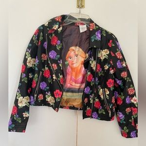 Disney Tangled Rapunzel and Pascal Floral Faux Leather Jacket 9/10